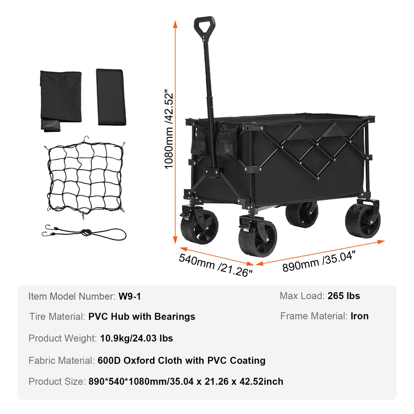 Opvouwbare Wagon – Vervoerswagen – Bolderkar – Strandwagen – Campingkar – Max 120 kg Draagvermogen – Stevige All-Terrain Wielen