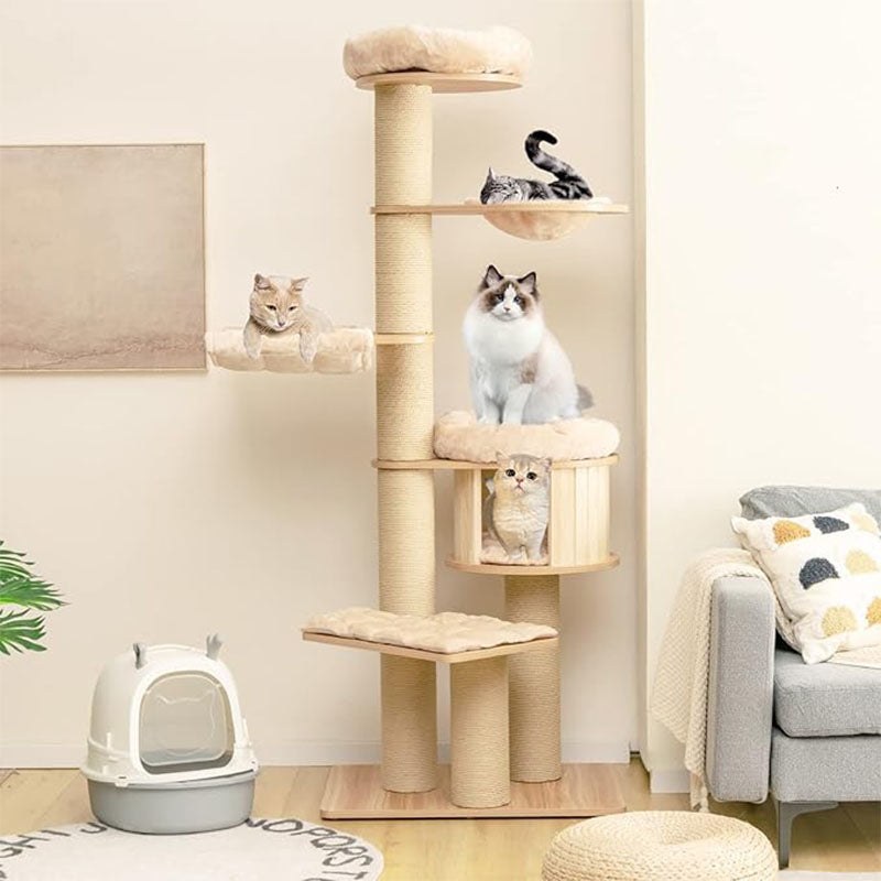 Krabpaal – Kattenkrabpaal – Kattenboom – Kattenmeubel – Kattentoren – Meerlaagse Krabpaal – Houten Kattenhuis – Inclusief Hangmat – Duurzaam en Stabiel