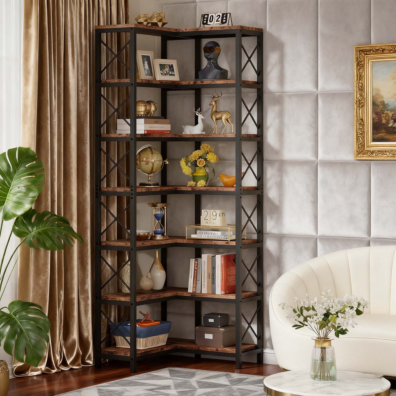 Hoekboekenkast – Vakkenkast – Opbergkast – Boekplank – Hoekrek – 7-laags – Metaal en Hout – Ruimtebesparend – Rustiek Bruin