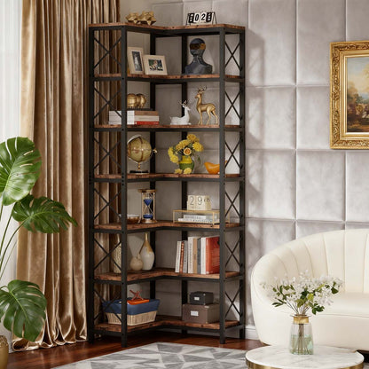Hoekboekenkast – Vakkenkast – Opbergkast – Boekplank – Hoekrek – 7-laags – Metaal en Hout – Ruimtebesparend – Rustiek Bruin