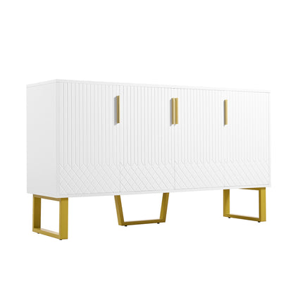 Dressoir – Sideboard – Opbergkast – Kast – Buffetkast – Wit Hoogglans – Geometrische Deuren – 140x40x80 cm – Metalen Handgrepen – Metalen Pootjes