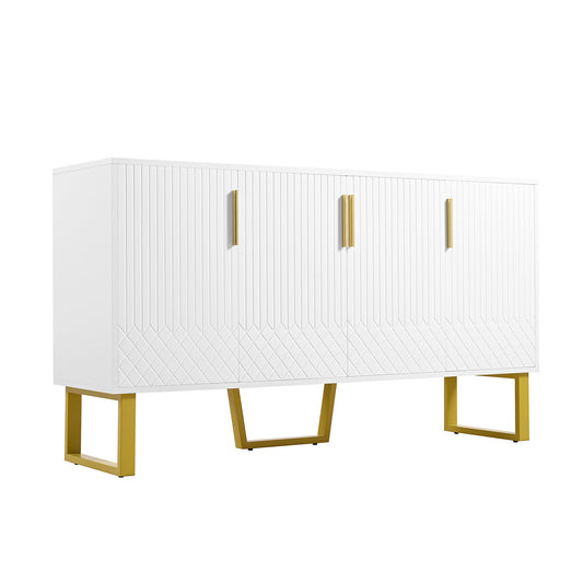 Dressoir – Sideboard – Opbergkast – Kast – Buffetkast – Wit Hoogglans – Geometrische Deuren – 140x40x80 cm – Metalen Handgrepen – Metalen Pootjes