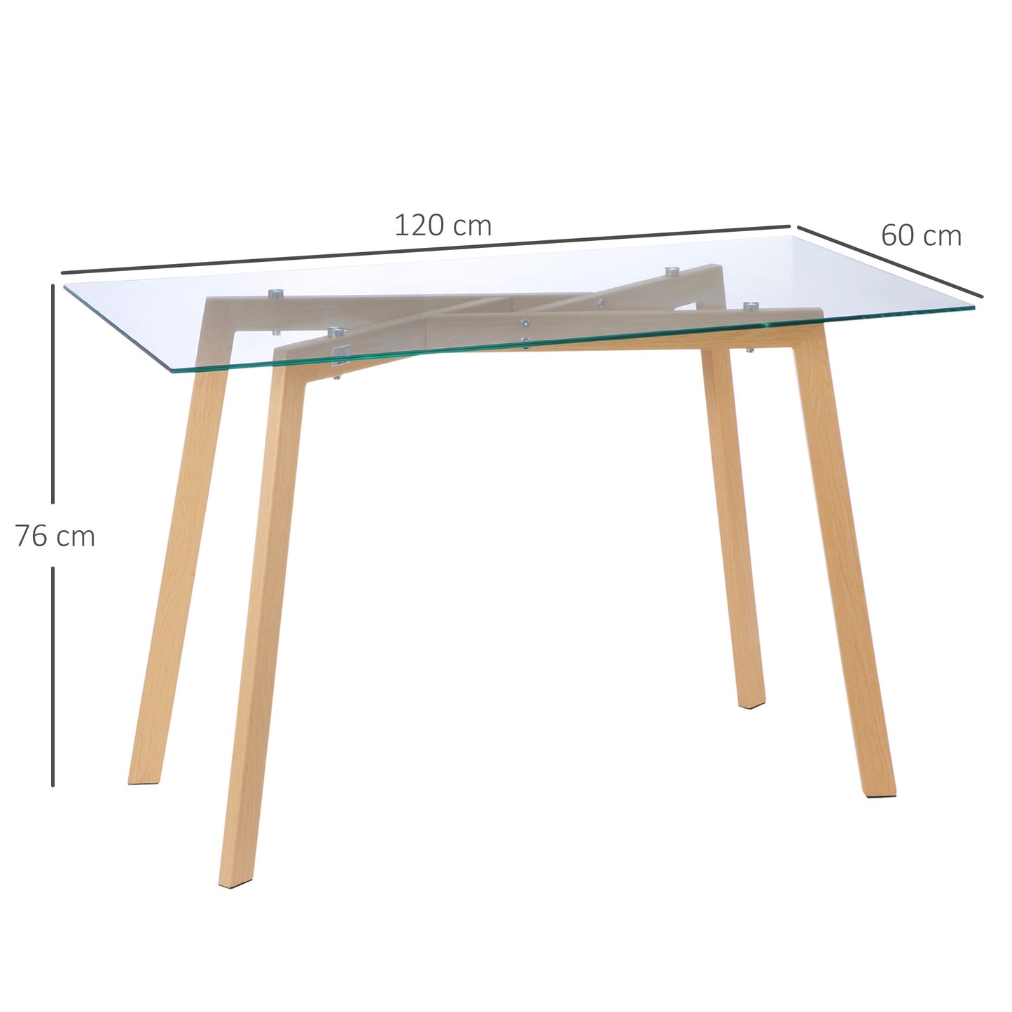 Eetkamertafel – Tafel – Eettafel – Dinertafel – Werktafel – Transparant Glasblad – Staal Frame – 120x60x76 cm – Houtlook Afwerking