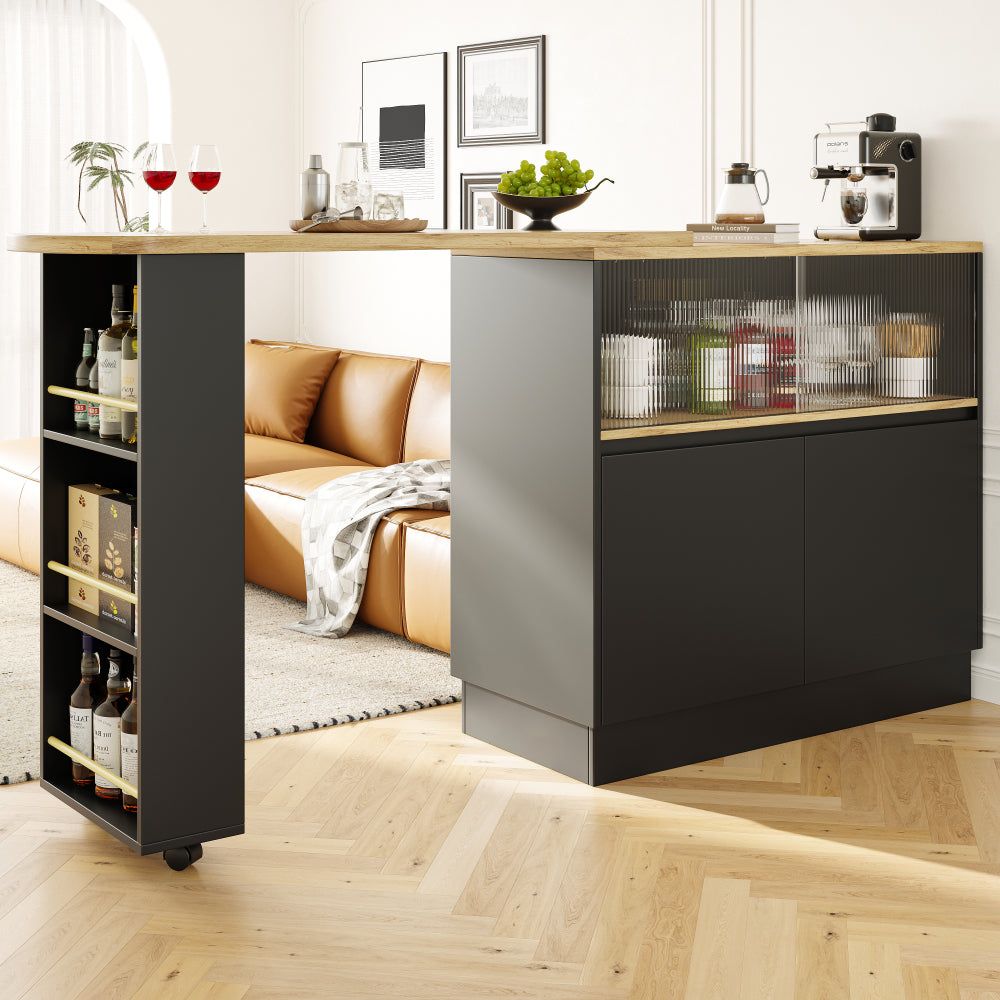 Modern 360° Rotating Bar Table with Glass Shelves - Multifunctional Kitchen & Dining Sideboard, 90x45x100cm, Easy Assembly, No Power Needed, Sleek Black Design for Contemporary Spaces, Kitchen Storage Solution, Minimalist Fu