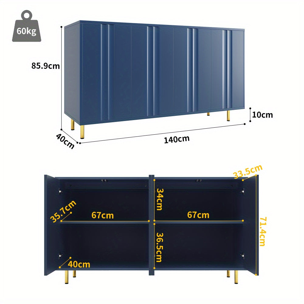 Opbergkast – Kast – Bergkast – Dressoir – Vitrinekast – Donkerblauw Met Gouden Accenten – Verticale Deuren – Stevige Metalen Poot – Hardhouten MDF – 140x40x85 cm