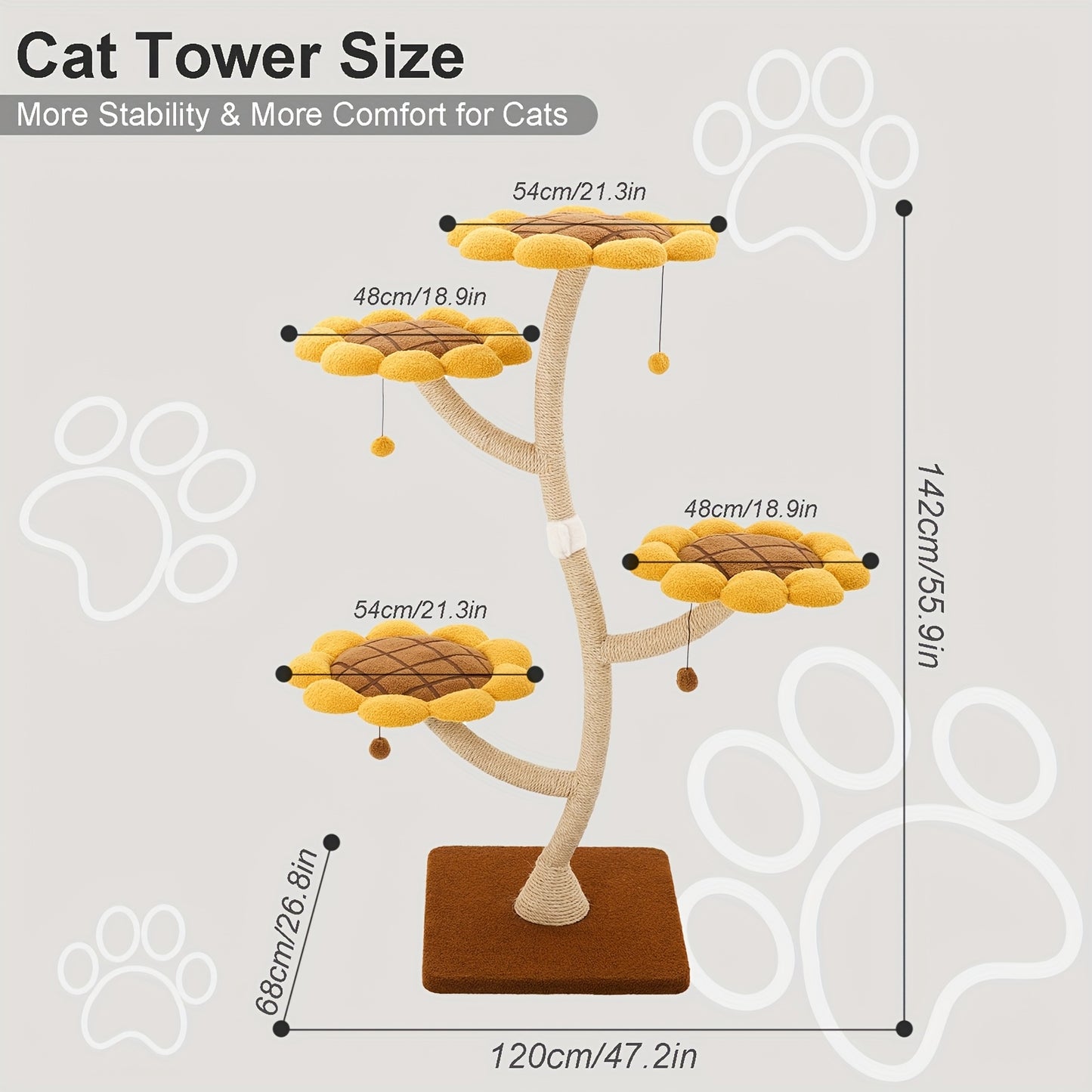 141.99cm Tall Sunflower Cat Tower for Large Cats - Sturdy Alloy Multi-Level Cat Tree with 4 Plush Flower Perches, Sisal Scratching Posts & Hanging - Modern Indoor Activity Center for Play & Relaxation, Cute Cat Tree, Feline A