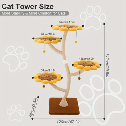 141.99cm Tall Sunflower Cat Tower for Large Cats - Sturdy Alloy Multi-Level Cat Tree with 4 Plush Flower Perches, Sisal Scratching Posts & Hanging - Modern Indoor Activity Center for Play & Relaxation, Cute Cat Tree, Feline A