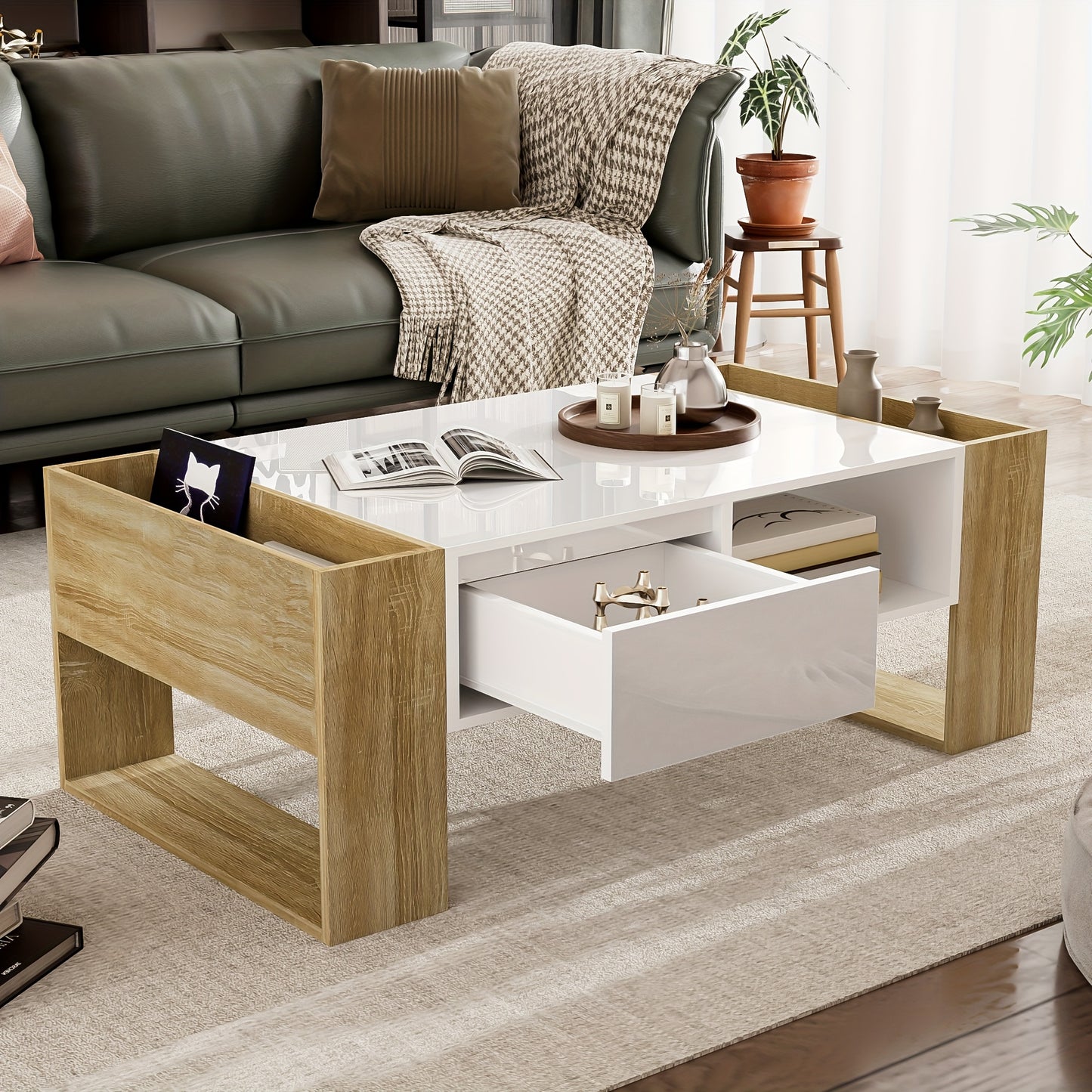 Salontafel – Koffietafel – Woonkamertafel – Bijzettafel – Tafel – Modern Design – 105x60x40 cm – Hardhout Met Glanzende Afwerking – Met Lades En Open Vakken