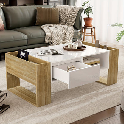 Salontafel – Koffietafel – Woonkamertafel – Bijzettafel – Tafel – Modern Design – 105x60x40 cm – Hardhout Met Glanzende Afwerking – Met Lades En Open Vakken