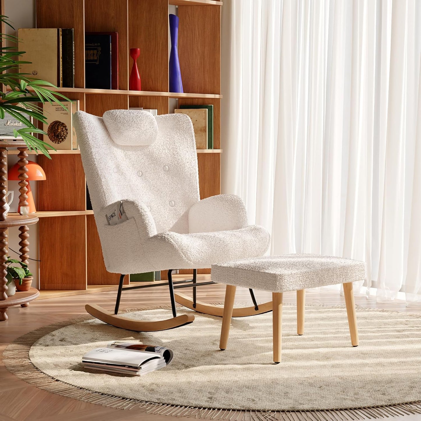 Fauteuil – Schommelstoel – Relaxstoel – Zithoekstoel – Lounge Fauteuil – Met Voetenbank – Memory Foam Zitting – Massief Houten Frame – Wit