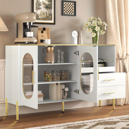 Dressoir – Buffetkast – Ladekast – Sideboard – Opbergkast – Modern Wit Met Gouden Accenten – 2 Glazen Deuren & 2 Lades – Luxe Strakke Afwerking – Stevig & Duurzaam