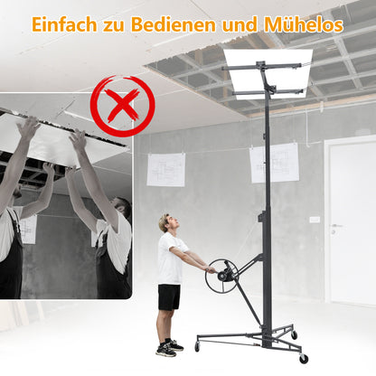 Gipsplaatlift – Drywall Lift – Panelenlift – Plafondlift – Wandplaatlift – Verstelbare Hoogte 180-470 cm – Draagkracht 68 kg – 3-Wiel Systeem Met Rem – Kantelbaar 60° – Opvouwbaar