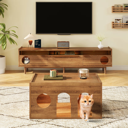 Pet-friendly coffee table with cat flap, dimensions 80 x 50 x 40cm, perfectly suited for contemporary living rooms and human-animal interaction, catering to your diverse needs., Petfriendly Furniture, Modern Coffee Table, Min
