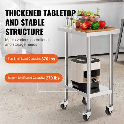RVS Werktafel – Werkbank – Inrichtingskast – Keukentafel – Werkbanktafel – Verstelbare Planken – 4 Zwenkwielen Met Remmen
