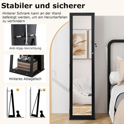 Sieradendoos – Juwelendoos – Sieradenkast – Sieraden Opberger – Sieradendoosje – Met Slot – Vrijstaand – Met Volledige Spiegel – MDF – Zwart – Luxe Opbergmeubel – Fluwelen Voering