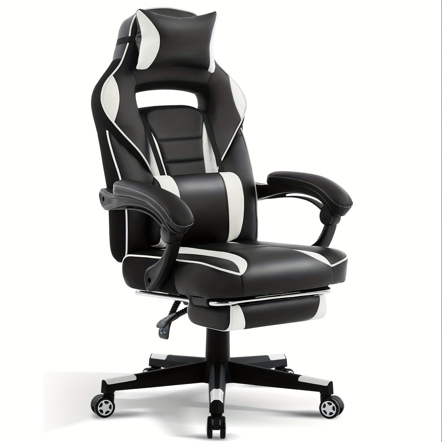 Ergonomic Gaming Chair with Massage Lumbar Support & Retractable Footrest - 360° Swivel, Height-Adjustable Computer Desk Chair with Headrest & Backrest Cushion, Quiet-Rolling Casters for Office & Home, Easy Assembly (No Tool