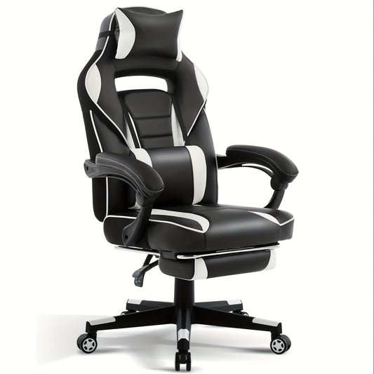 Ergonomic Gaming Chair with Massage Lumbar Support & Retractable Footrest - 360° Swivel, Height-Adjustable Computer Desk Chair with Headrest & Backrest Cushion, Quiet-Rolling Casters for Office & Home, Easy Assembly (No Tool