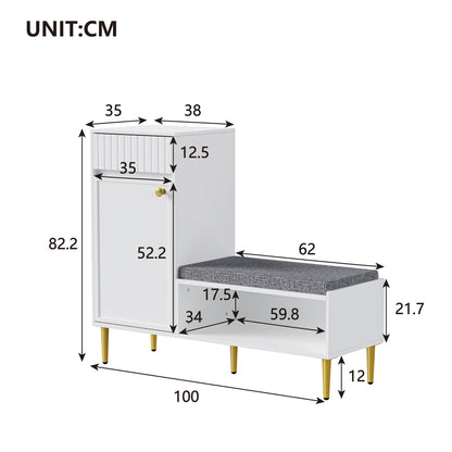 Contemporary Shoe Storage Unit Featuring a Bench, a Door, a Drawer, And an Open Shelf, with a Padded Design; Color: White, Measurements: 100 × 35 × 82.2 Cm (Width × Height × Depth)