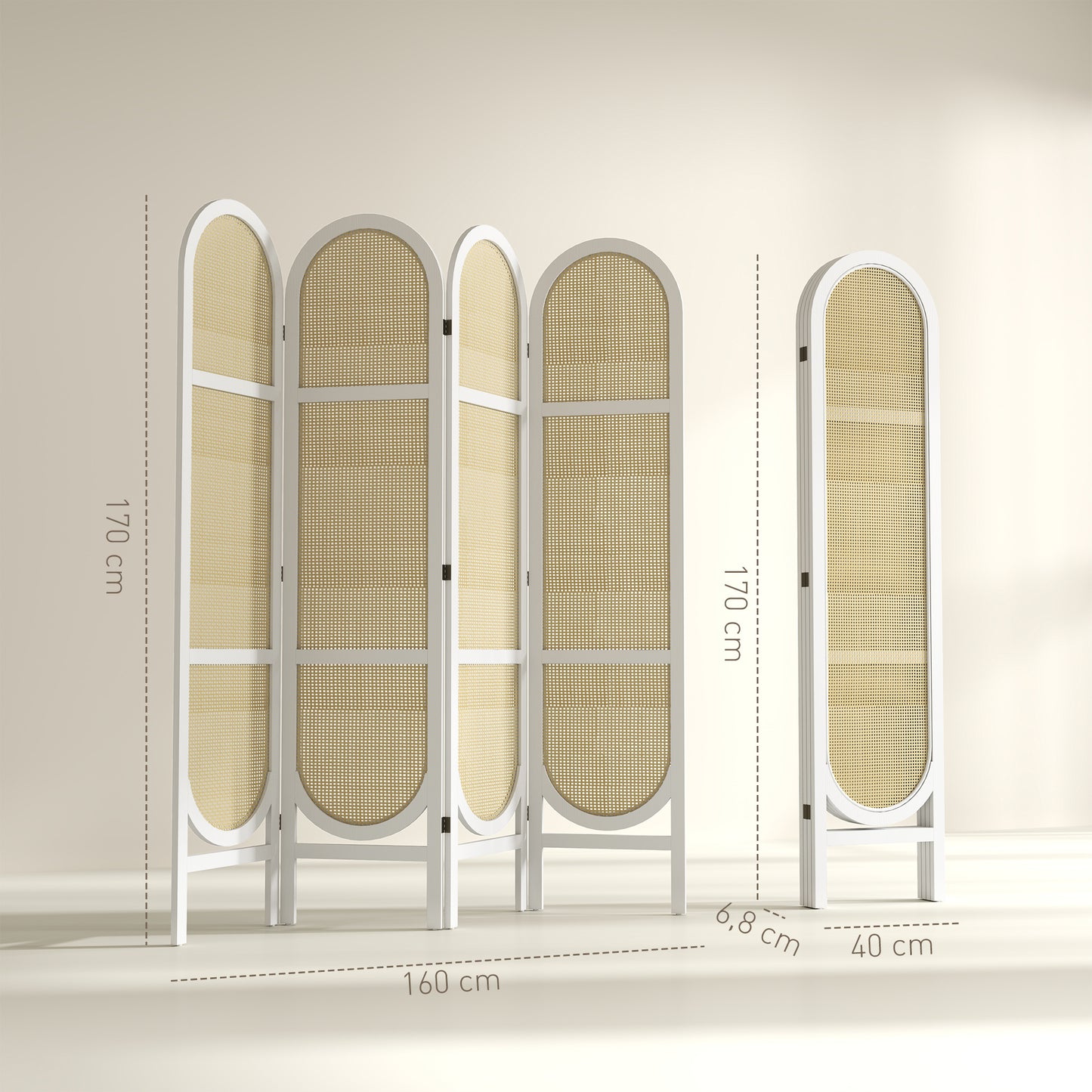 Kamerscherm – Room Divider – Scheidingswand – Vouwscherm – Privacy Scherm – Wit – 4 Panelen – Lichtgewicht Paulownia Hout & Kunstrotan