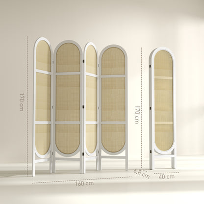 Kamerscherm – Room Divider – Scheidingswand – Vouwscherm – Privacy Scherm – Wit – 4 Panelen – Lichtgewicht Paulownia Hout & Kunstrotan