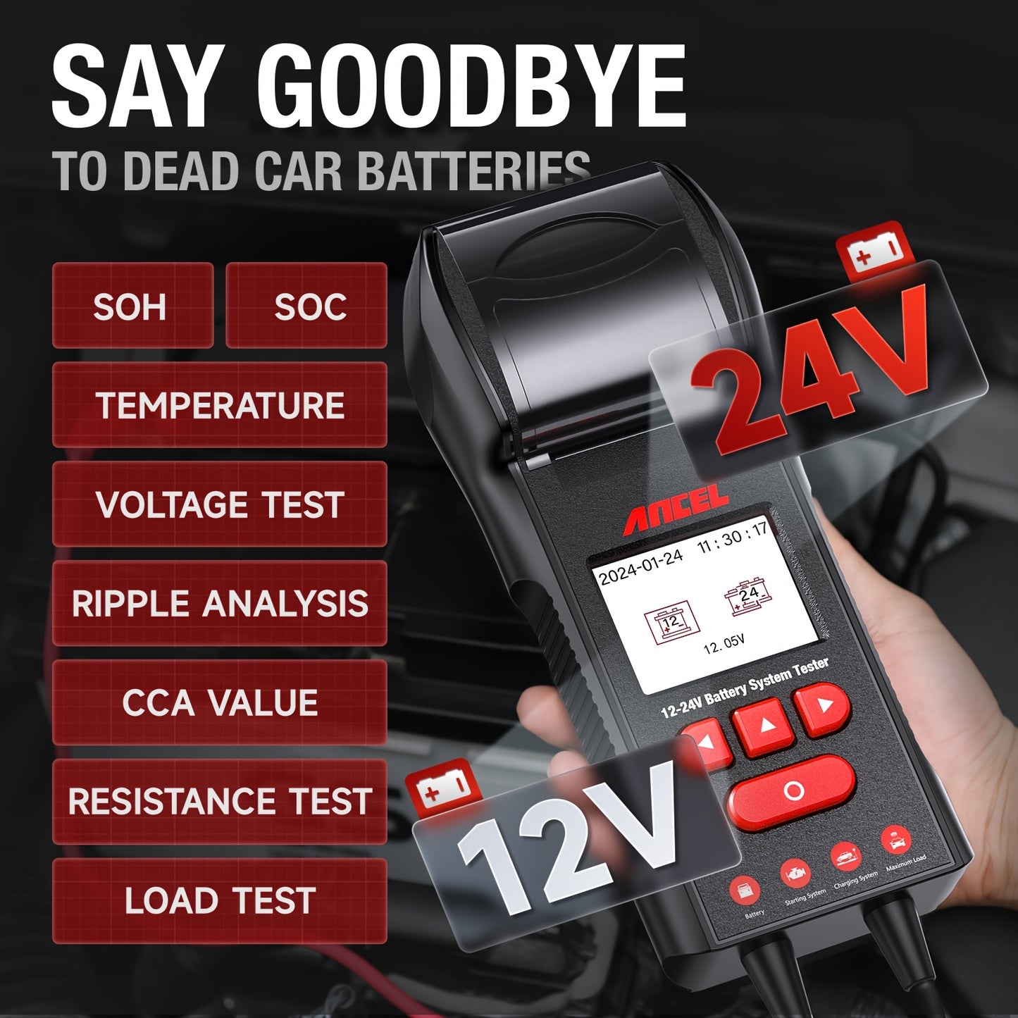 Batterijtester – Accutester – Accutestapparaat – Auto Accumeter – Accu Diagnose – 12V en 24V Batterijen – Ingebouwde Printer voor Directe Afdrukken