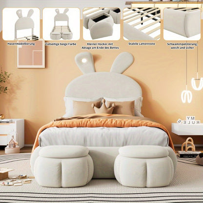 Eenpersoonsbed – Slaapbed – Bedframe – Kinderbed – Stapelbed – Beige Stoffen Bekleding – Verstelbare Warmlichtstrips – Inclusief 2 Opberghockers – 90x200 cm