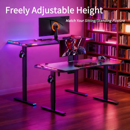 Elektrisch Verstelbaar Bureau – Zit-Sta Bureau – Gaming Bureau – Thuiswerk Bureau – Computer Bureau – 119 cm Carbon Fiber Blad – RGB Verlichting Met Afstandsbediening