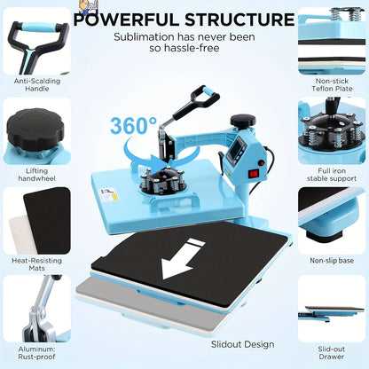 Heat Press Machine, 8in 1/ 5in 1 Shirt Press Machine with 30oz Tumbler Press, Slide Out 360° Swing Away Digital, Industrial-Quality Heat Transfer Sublimation for Tumbler/Mug/Hat/Cap/Plate