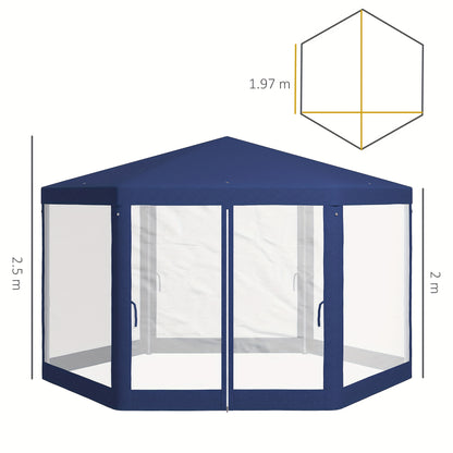 Partytent – Tuinpaviljoen – Feesttent – Camping Tent – Outdoor Gazebo – 4x3m – Hexagonaal – Waterafstotend – Muskietennet – Trekkoordsluiting – Blauw