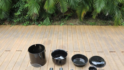 Gourmetstel – Raclette – Gourmetset – Fondue – Tafelgrill – Buitenoven met 17L + 8L geëmailleerde pannen – Ingebouwde thermometer & verstelbare ventilatie