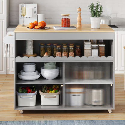 Keukeneiland – Keukentrolley – Buffetkast – Sideboard – Opbergkast – Grijs – Schuifdeur en Mobiel op Wieltjes – Ruime Opbergruimte met Open Vakken