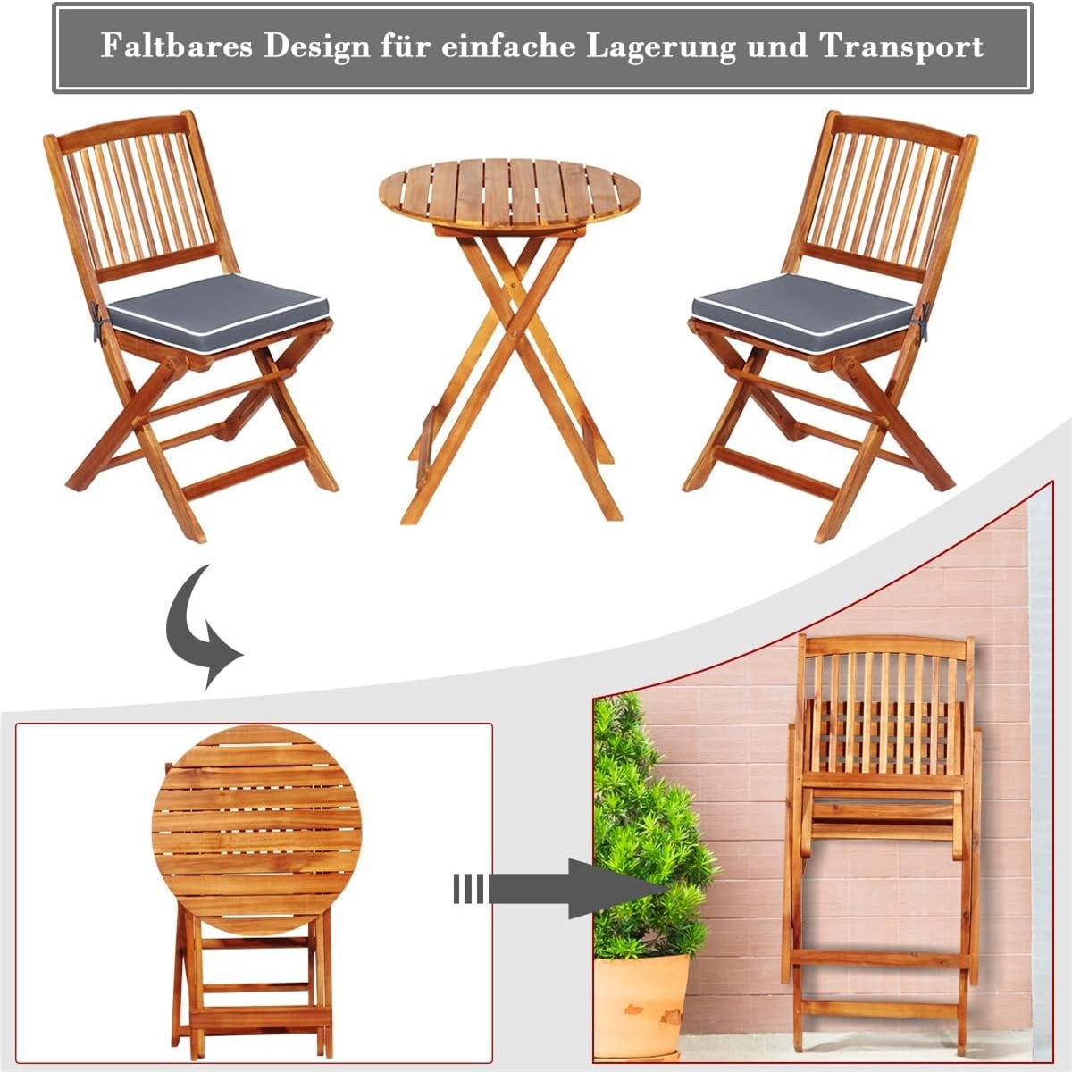 Balkontafelset – Balkontuinset – Bistroset – Tuinmeubelset – Terrasmeubel – Inklapbaar Acaciahouten Design – Inclusief Zachte Zitkussens