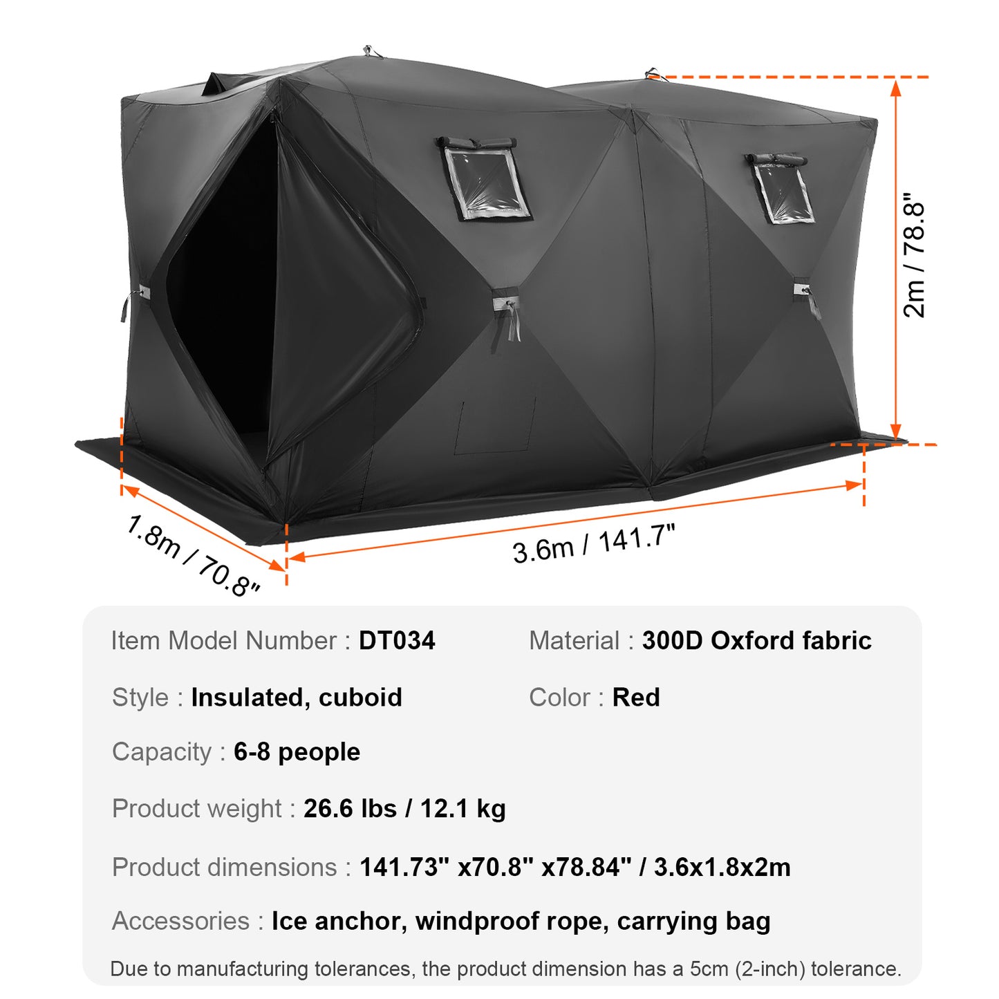 IJsvisserstent – IJshut – Vistuinhuis – Schuilhut – Vis Shelter – Zwart – Pop-up Tent – 6-8 Personen – Waterdicht 300D Oxford Polyester – Inclusief 12 IJsankers en 6 Windlijnen