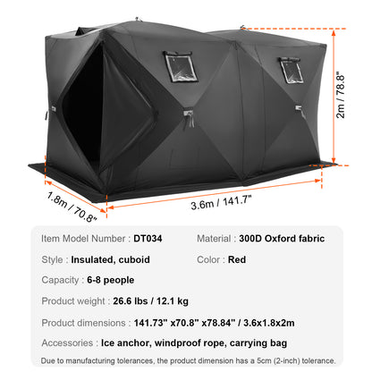 IJsvisserstent – IJshut – Vistuinhuis – Schuilhut – Vis Shelter – Zwart – Pop-up Tent – 6-8 Personen – Waterdicht 300D Oxford Polyester – Inclusief 12 IJsankers en 6 Windlijnen