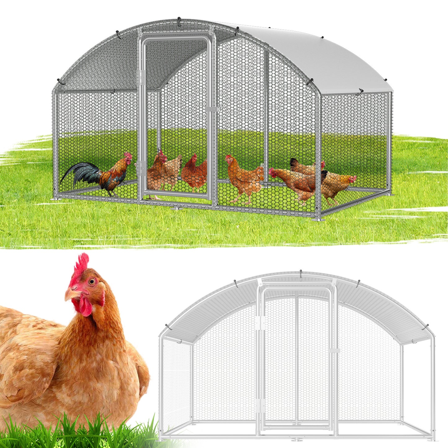 Chicken Coop Free-Range Enclosure, 3X2X2M/3X4X2M/3X6X2M/3X8X2M Galvanized Steel, Chicken House Dome Roof with Lock And Pe-Colored Tarpaulin, Easy to Clean, for Chicken Cage Bird Cage.