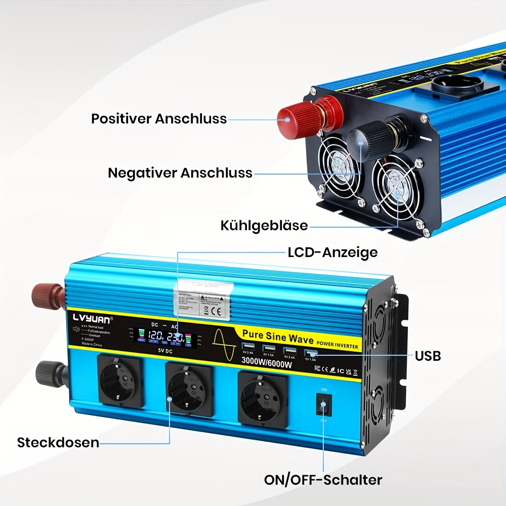 Zuivere Sinusgolf Omvormer – Spanningsomzetter – Power Inverter – 12V naar 230V Converter – Mobiele Stroomvoorziening – 3000 Watt Continu Vermogen – Afstandsbediening en LCD-Display