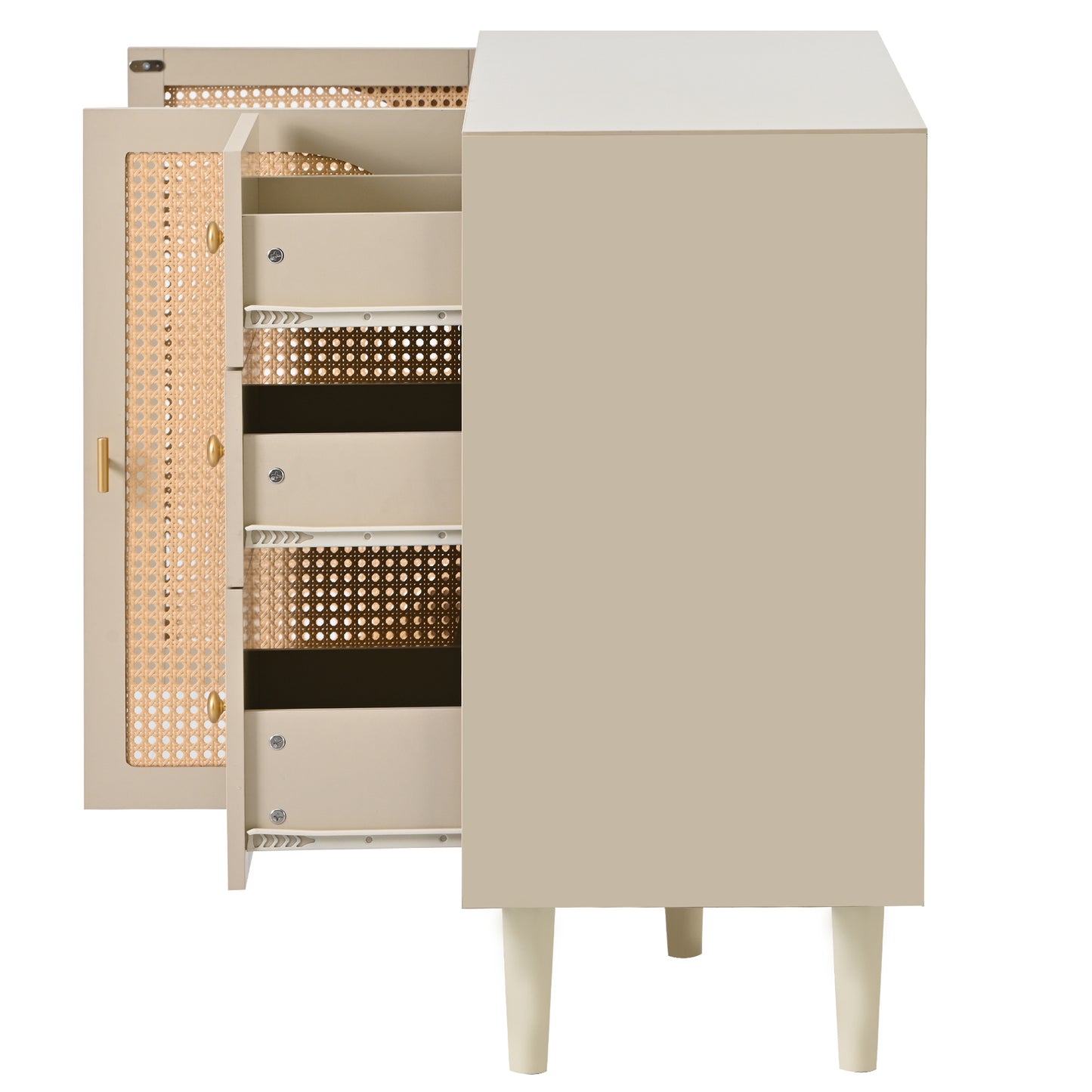 BTM Sideboard Storage Cabinet 120X40X82.5Cm, Off-White Cream with Rattan Fronts, 2 Doors & 3 Drawers, Wood Look, Modern Design for Living Room & Dining Room