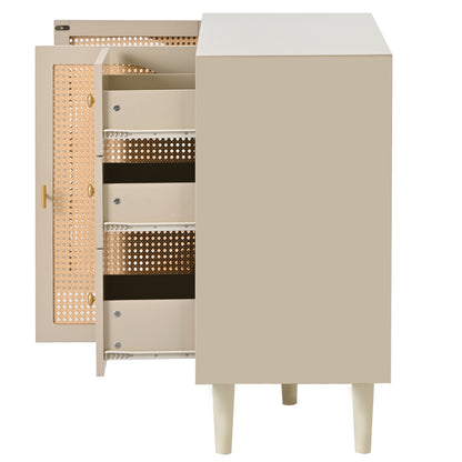 BTM Sideboard Storage Cabinet 120X40X82.5Cm, Off-White Cream with Rattan Fronts, 2 Doors & 3 Drawers, Wood Look, Modern Design for Living Room & Dining Room