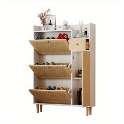 Schoenenkast – Schoenopberger – Schoenrek – Schoenmeubel – Halmeubel – Rattan Opbergkast Met 3 Kleppen – Smal Design Voor Kleine Ruimtes 90x125x17cm