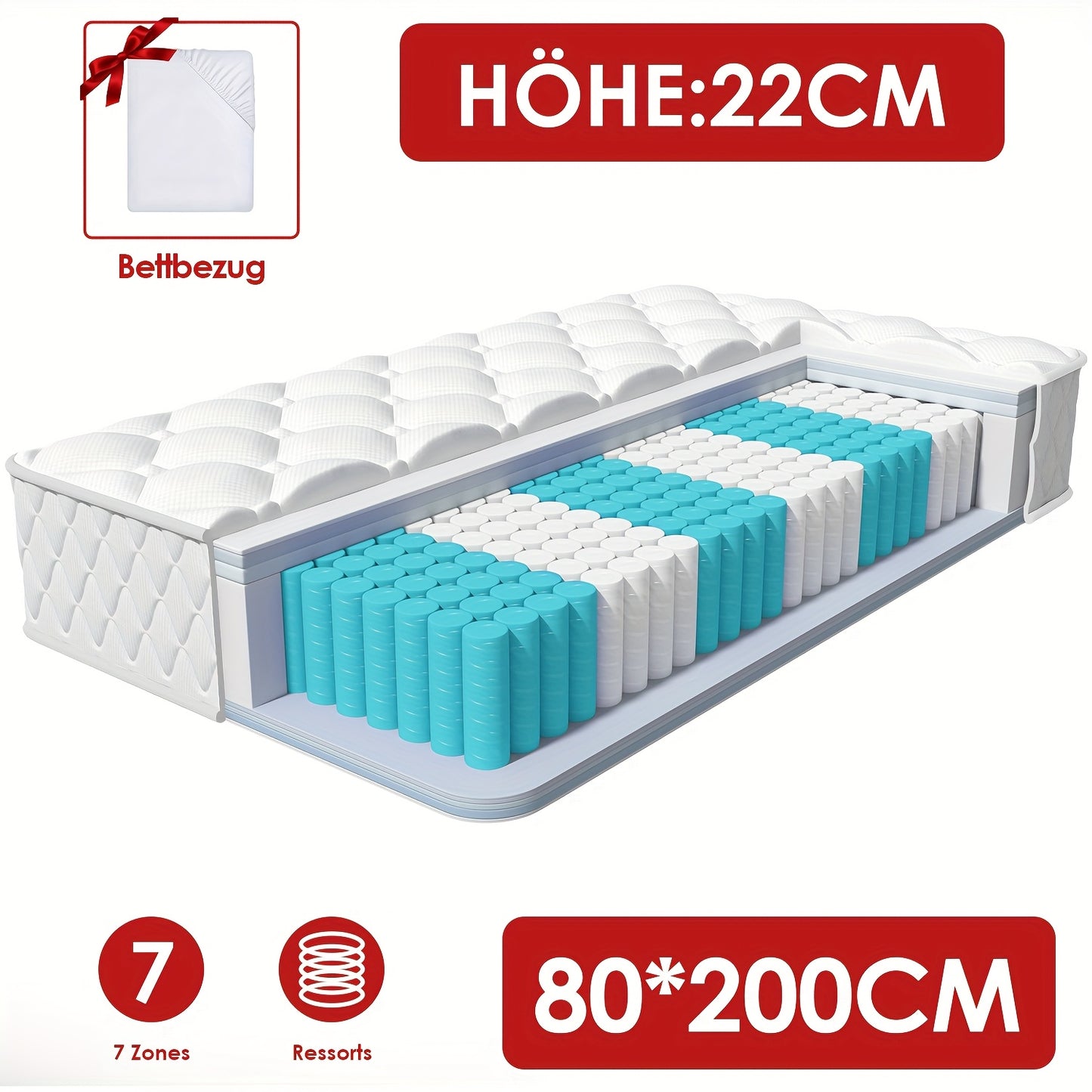 Pocketvering Matras – Binnenvering Matras – Ergonomisch Matras – 7-Zones Matras – Eenpersoons Matras – 80x200 cm – Stevige Ondersteuning H3 – Pillow Top Comfort
