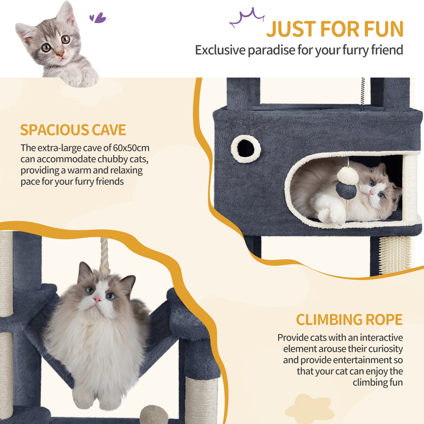 Krabpaal – Kattenboom – Kattenkrabpaal – Krabmeubel – Kattenhuis – 203 cm Hoog – 7 Lagen Met Sisal & 2 Ruime Holtes – Donkergrijs