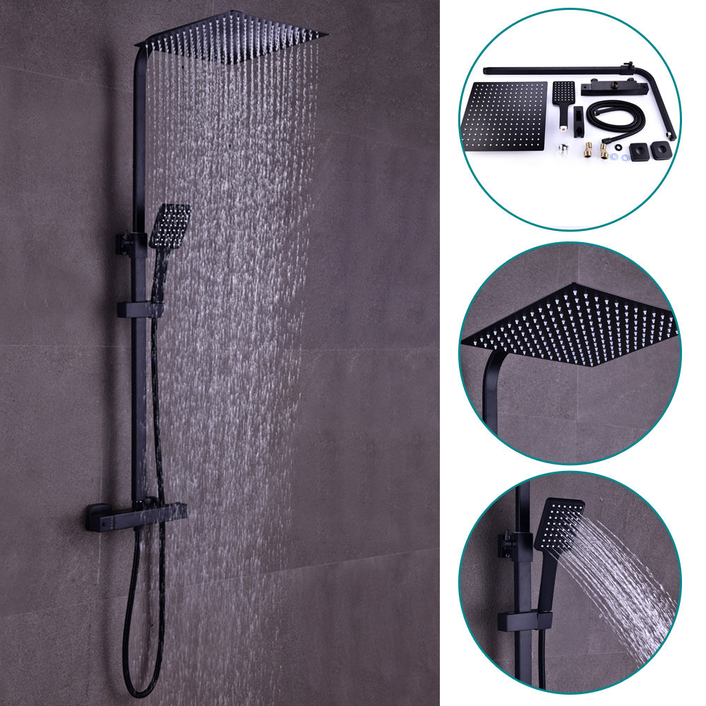 Modern Zwart Douche Systeem – Douche Set – Regendouche – Handdouche – Thermostatische Douchekraan – Messing & RVS – 360° Draaibaar & Instelbare Hoogte