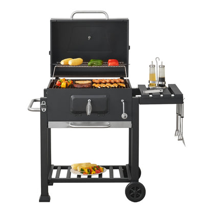 Grillwagen – Barbecuewagen – Houtskoolgrill – Tuingrill – BBQ Trolley – Ruime Grilloppervlakte 105x114x47,5 cm – Ingebouwde Thermometer & Traploze Houtskoolhoogteverstelling