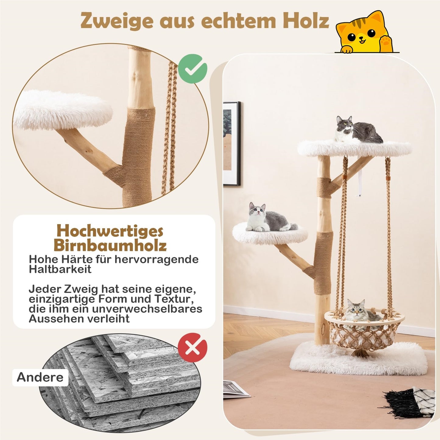 Kattenboom – Krabpaal – Klimmeubel – Speelboom – Kattenmeubel – Natuurlijke Perenhout Takken – Comfortabele Hangmat Met Kussen – Extra Stabiel Met Anti-Kantel Mechanisme