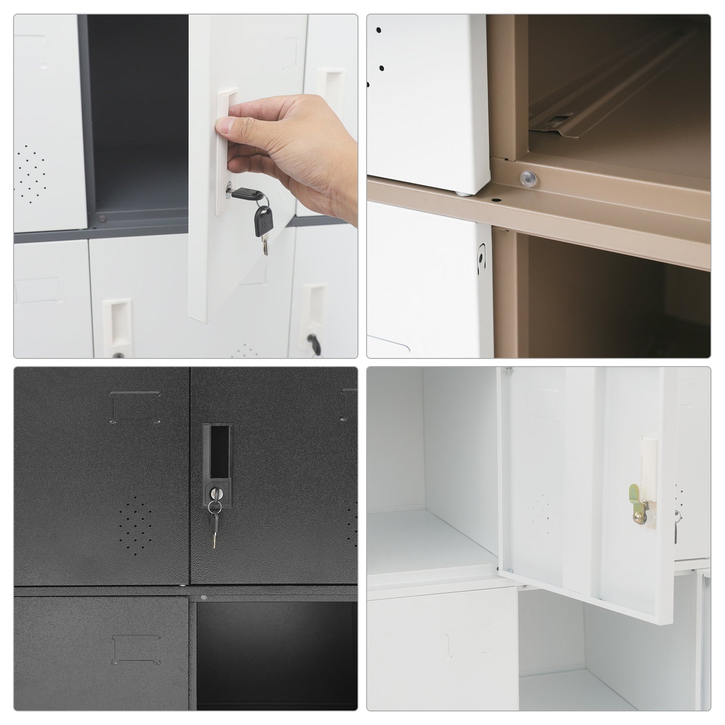 Lockbare Opbergkast – Stalen Kast – Veilig Bewaarmeubel – Organisatie Kast – Opbergrek – Wit met Koffiekleurige Accenten – 9 Compartimenten met Slot – Geluiddempend Sluitmechanisme