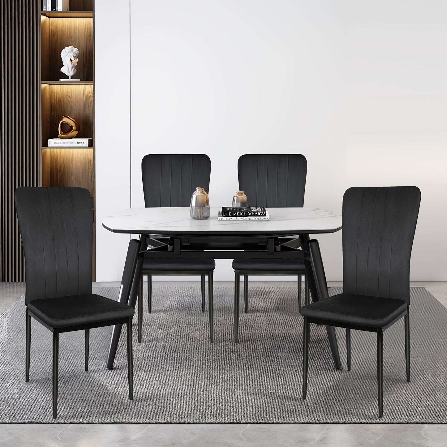 6-delige Zwarte Velvet Eetkamerstoel Set – Eetkamerstoel – Keukenstoel – Restaurantstoel – Stoel Met Rugleuning – Verticale Strepen – Zacht Fluwelen Bekleding – Lichtgewicht & Compact