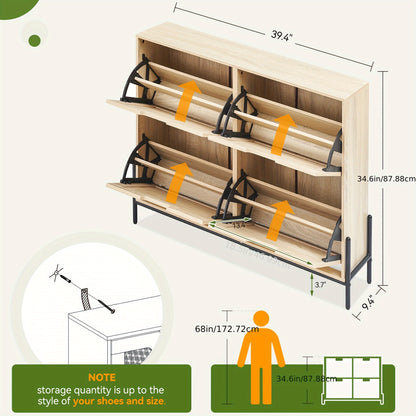 Natural Rattan Shoe Cabinet Organizer with Flip Doors - Freestanding Entryway Storage Cabinet, Large Capacity Shoe Rack with 3-Tier Adjustable Shelves, Space-Saving Modern Hallway Organizer for Living Room, Bedroom, Office -