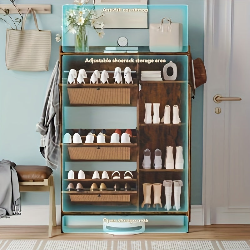 Schoenenkast – Schoenenrek – Schoenenopberger – Halmeubel – 3 Lades Met Rieten Front – Verstelbare Planken & Metalen Knoppen – Smal Vrijstaand Design – Vintage Stijl