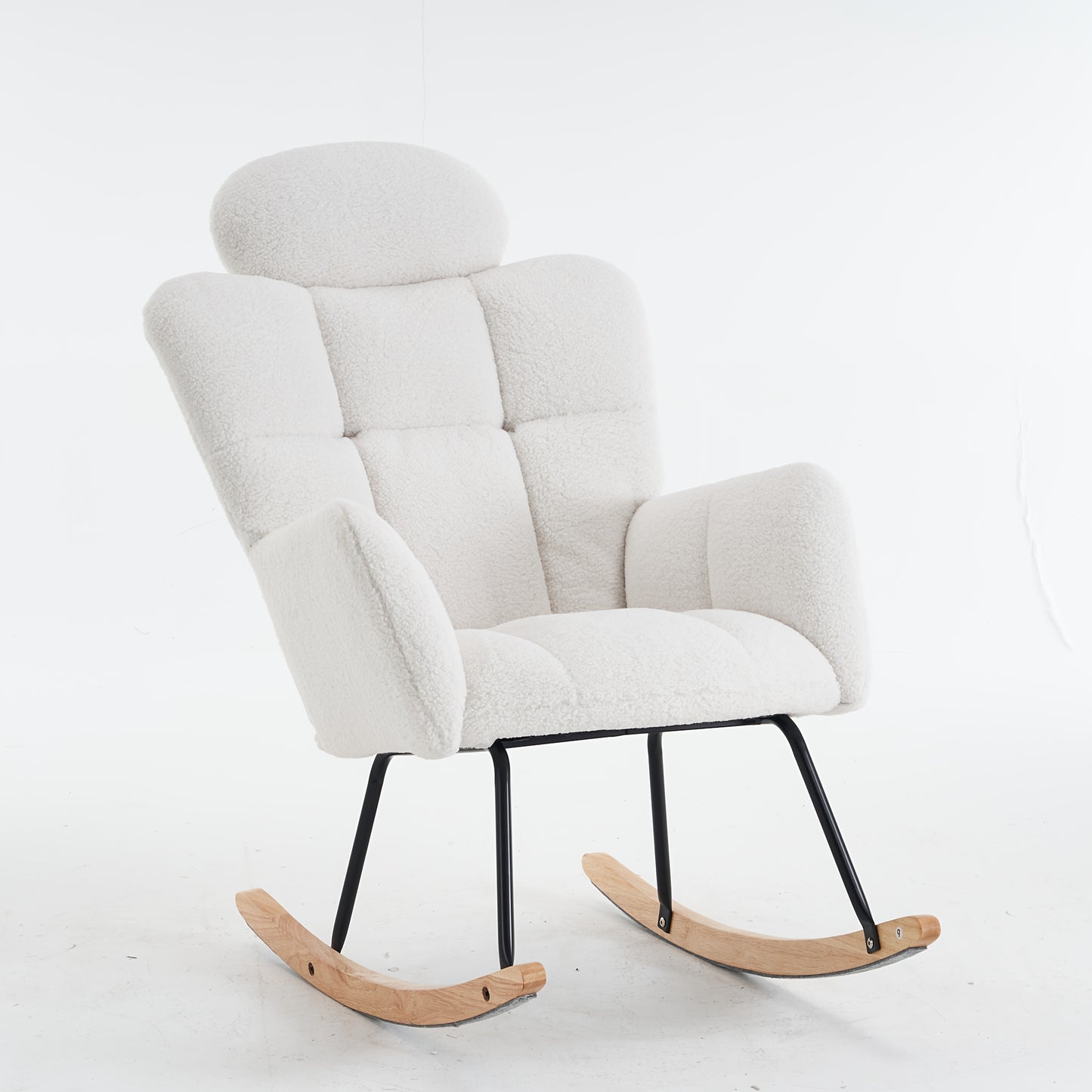 Draaifauteuil – Fauteuil – Relaxstoel – Schommelstoel – Lounge Chair – Wit – Zachte Teddy Bekleding – Massief Houten Frame