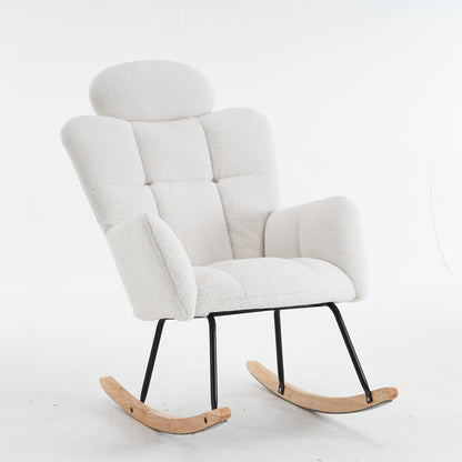 Draaifauteuil – Fauteuil – Relaxstoel – Schommelstoel – Lounge Chair – Wit – Zachte Teddy Bekleding – Massief Houten Frame
